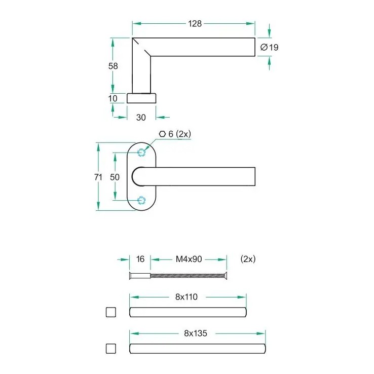 Artitec 05020 par de manillas Tipo roseta ovalada inox mate - Dibujo técnico