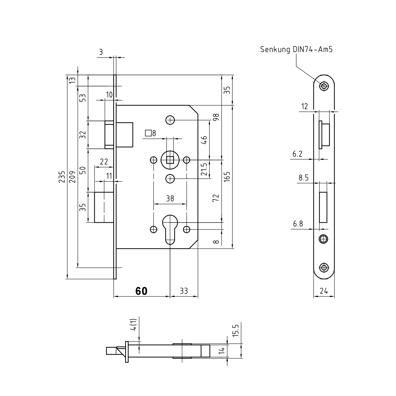 BMH 3PZW | Cerradura para bombín | Clase 3 | Distancia entre ejes 72 mm