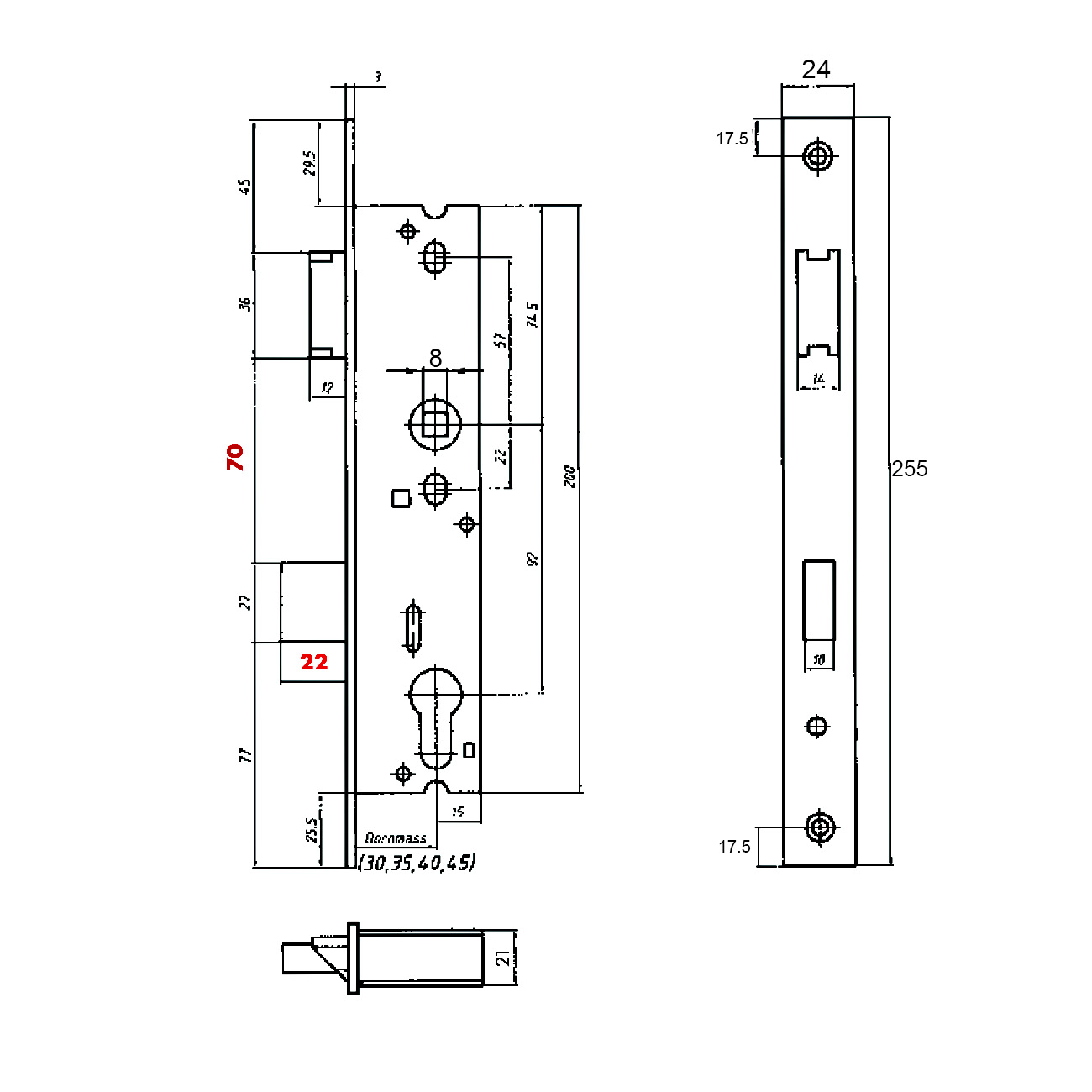 Bever 1022 70 | Cerradura para bombín para puertas de perfil | Distancia entre ejes 92 mm