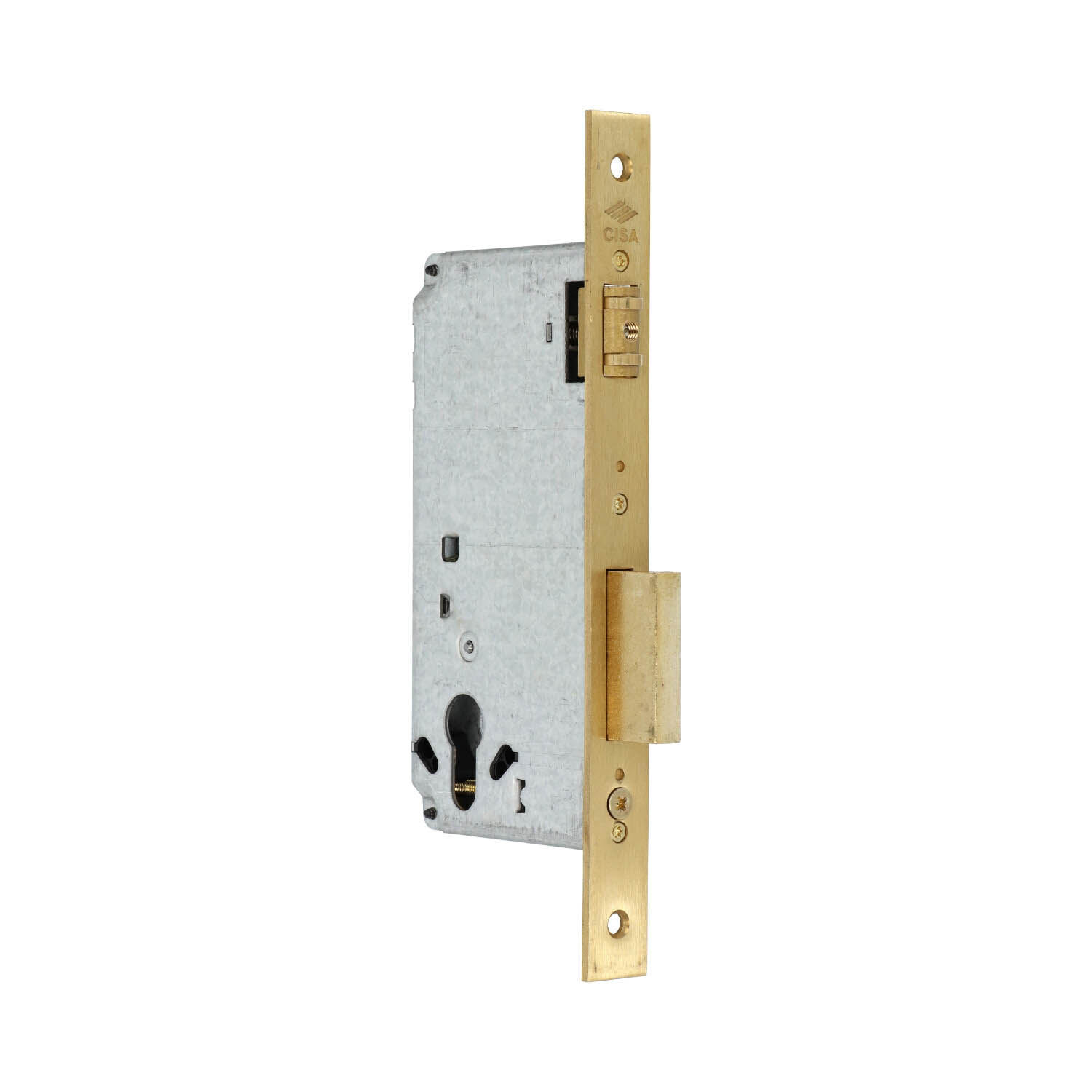 Cisa 5C120 | Cerradura de rodillo para bombín | Frente latonado | Distancia entre ejes 85 mm