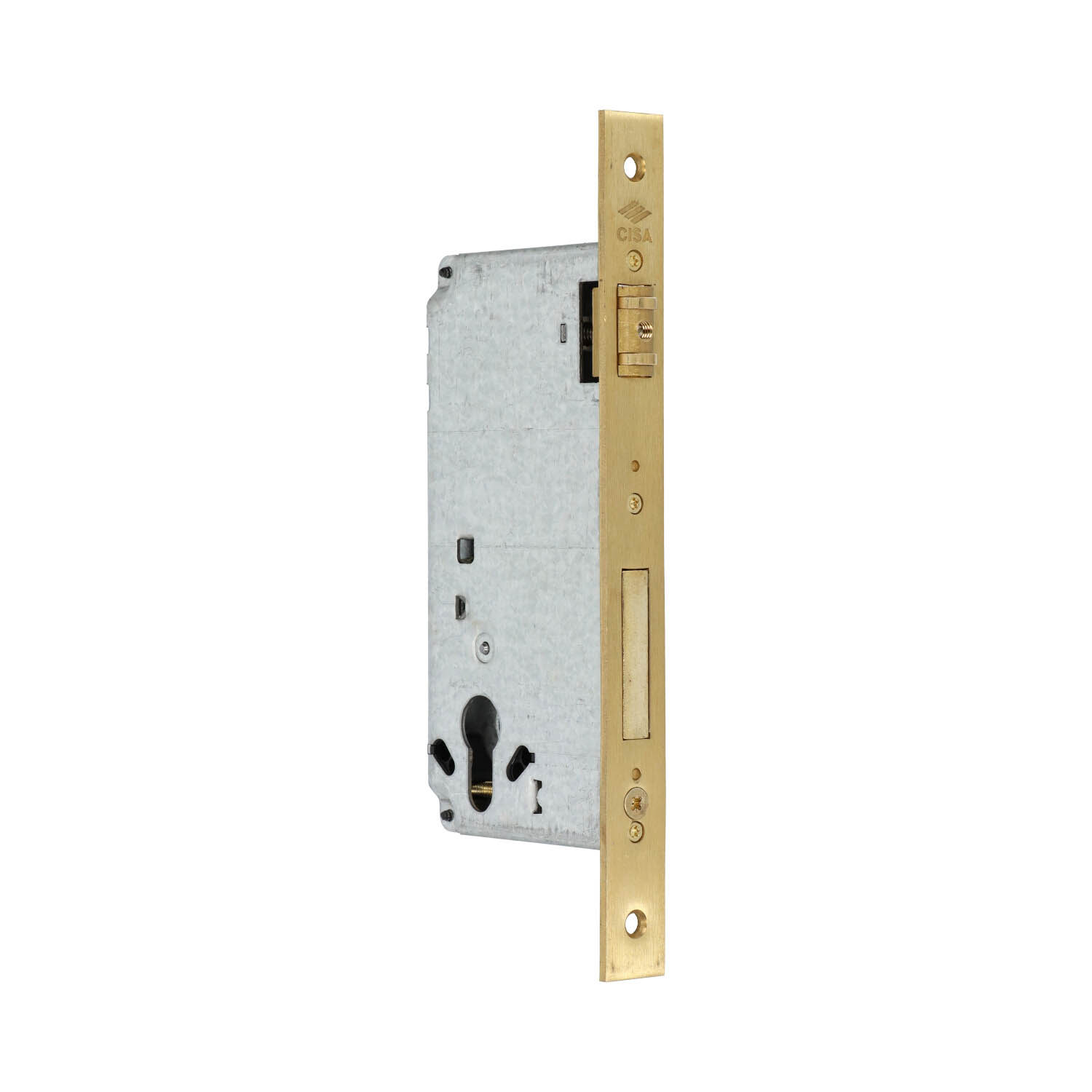Cisa 5C120 | Cerradura de rodillo para bombín | Frente latonado | Distancia entre ejes 85 mm