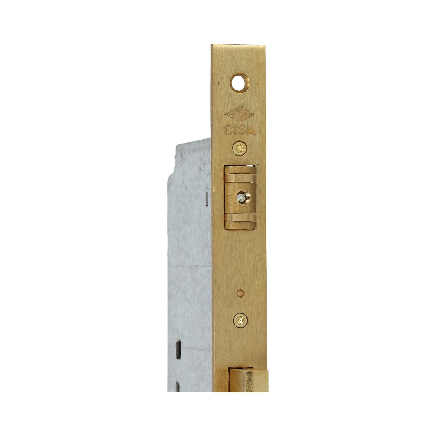Cisa 5C120 | Cerradura de rodillo para bombín | Frente latonado | Distancia entre ejes 85 mm