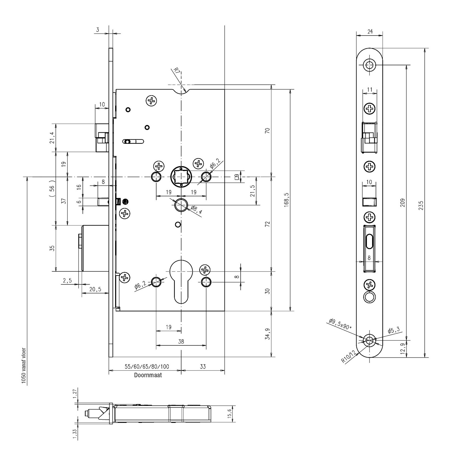 EffEff Mediator | Cerradura para montantes anchos | Entre ejes 72 mm | Autoblocante