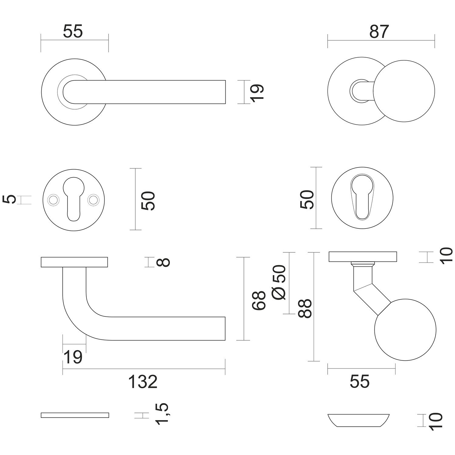 Juego para puerta de entrada HDD L-Shape | Negro estructurado UV | Manilla + Pomo + Escudo de seguridad - Imagen 2