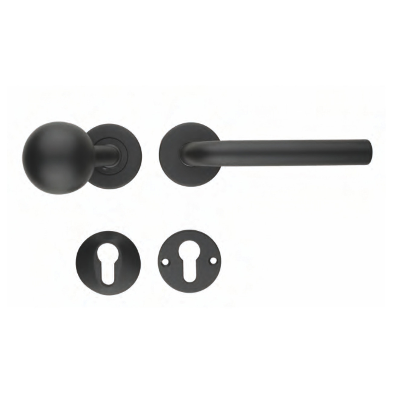 Juego para puerta de entrada HDD L-Shape | Negro estructurado UV | Manilla + Pomo + Escudo de seguridad