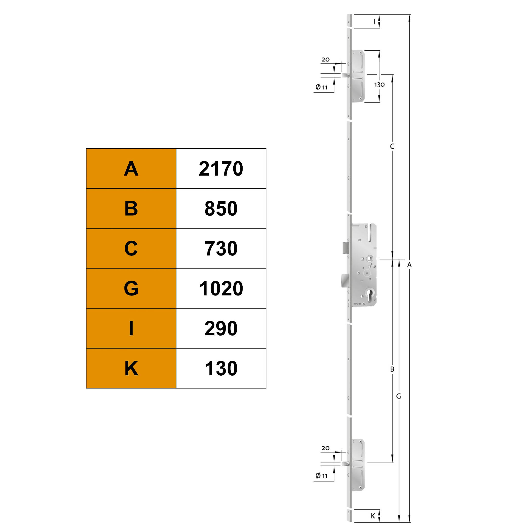 KFV AS2372 | Cerradura multipunto | 2 bulones, ejes 72 mm - Dibujo técnico