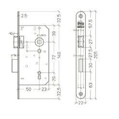 Litto A1356 | Cerradura de gorja para puertas de interior | Distancia entre ejes 72 mm