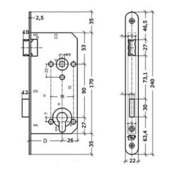 Litto A2690 | Cerradura para bombín | Puertas de madera | Distancia entre ejes 90 mm