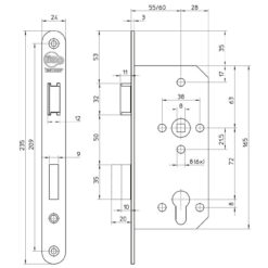 Litto A26E1 | Cerradura para bombín | Frente inox | Distancia entre ejes 72 mm