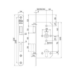 Litto A26E6 | Cerradura para bombín | Frente lacado aspecto inox | Distancia entre ejes 72 mm