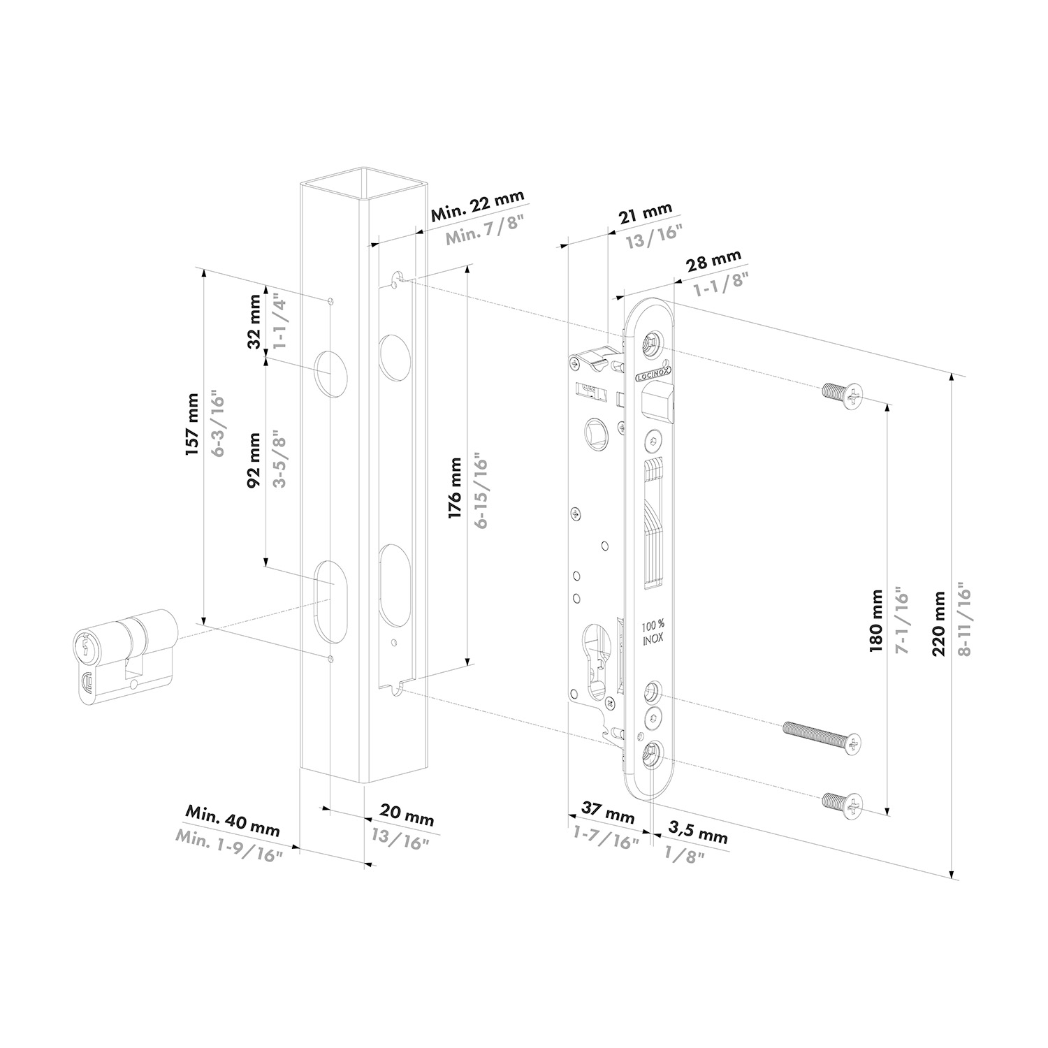 Locinox Fortylock | Cerradura de embutir para cancelas | Entrada 20 mm | Inox