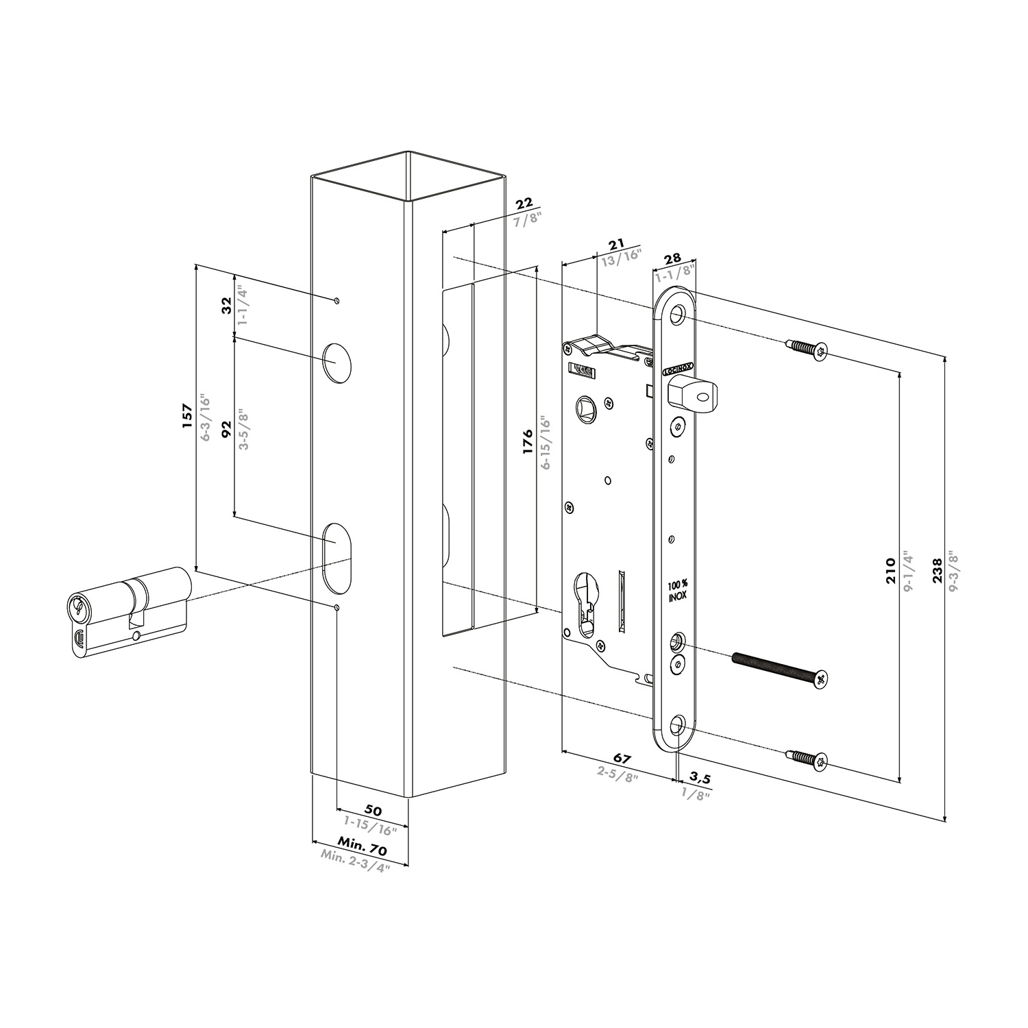 Locinox Seventylock-A | Cerradura para cancelas | Entrada 50 mm | Inox