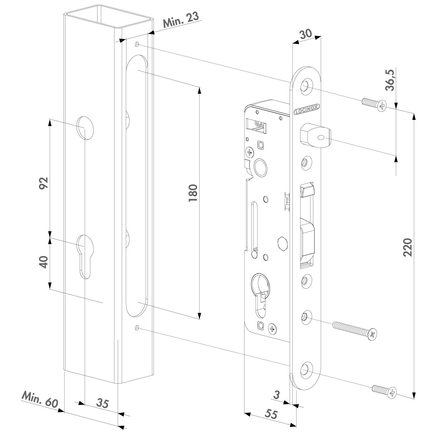 Locinox H-METAL | Cerradura para cancelas con gancho basculante | Entrada 35 mm | Inox