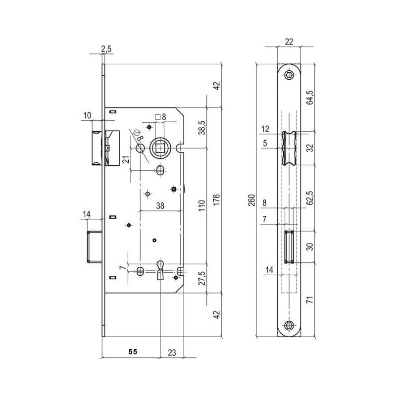 Protec | Cerradura de gorja para puertas de interior | Frente inox o negro