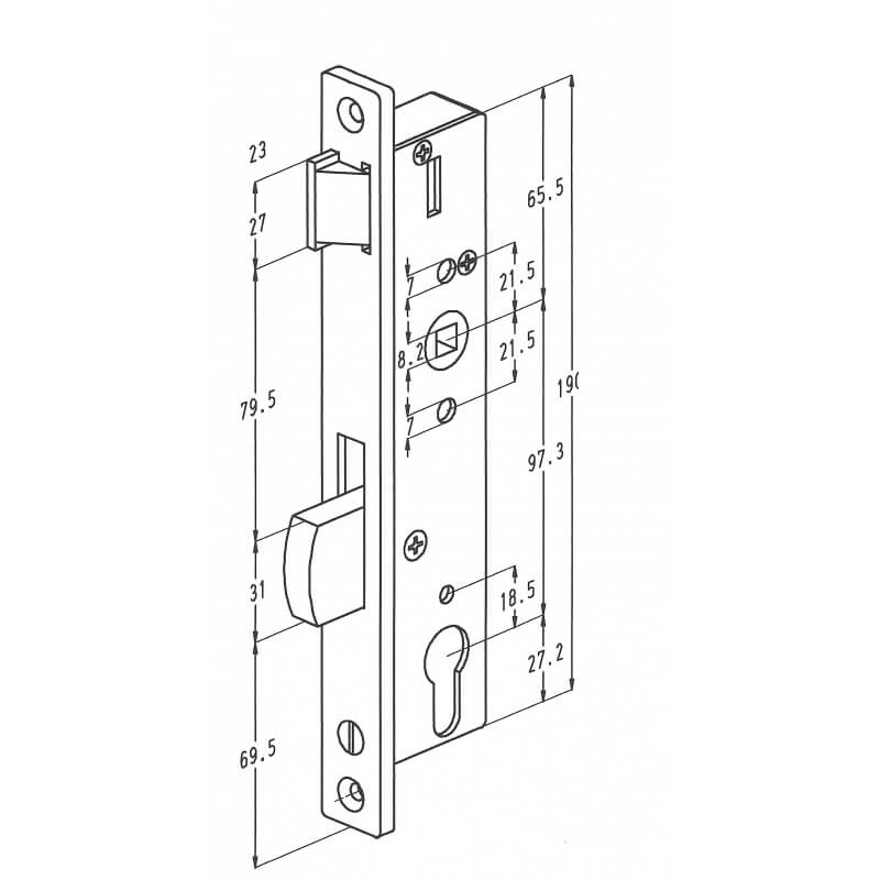 Sobinco 8002 | Cerradura para bombín | Distancia entre ejes 97,30 mm | Cerrojo tipo B