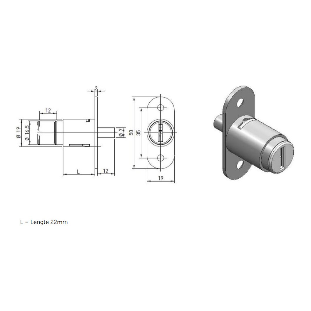 Cerradura de presión Ojmar 1004 bombín intercambiable 22 mm - Dibujo técnico